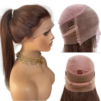 Dark Reddish Brown Human Hair Full Lace Wig/ 180% Density Ponytail Human Hair Wig For Daily Wear/ Straight Updo Brown Full Lace