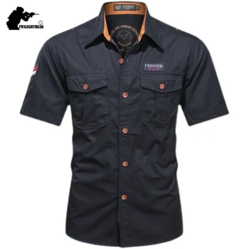 New Men's Casual Shirts Short Sleeve Pure Cotton Shirt Male Solid Oversized Military Cargo Shirts Men Clothing Shirt 5XL AF168