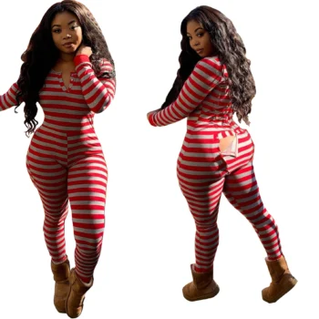 Sexy Women Ladies Deep V Neck One Piece Butt Flap Pajamas Sleepwear Long Sleeve Bodycon Bodysuit Jumpsuit Rompers Clubwear 2021