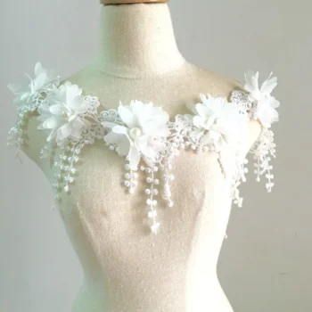 1Yard(15Pcs Flower) 8CM Ivory White 3D Chiffon Rose Lace Trim Flower With Pearl Wedding Dress Deco Tassel Patch DIY Craft