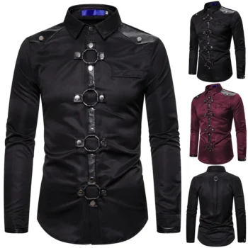 Men New Goth Style Rivet Solid Color Cargo Shirt Slim Fit Party Singer Stage Streetwear For Men Clothing