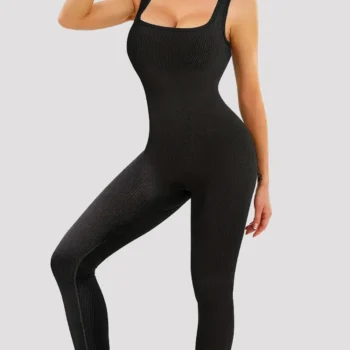 Solid Color Ribbed Yoga Jumpsuit ,Seamless Slim Fit Long Sleeve Sports Bodysuit, Women's Sports Shapewear
