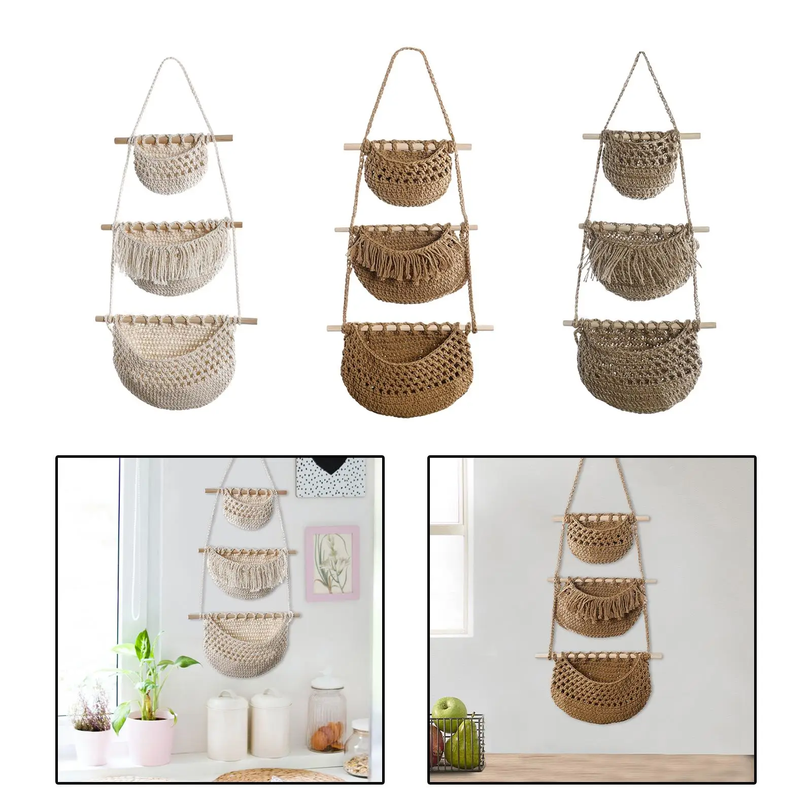 Hanging Fruit Baskets Multipurpose Boho Decor Handwoven Indoor Planter Holder for Organizing Onion Vegetables Potato Kitchen