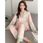 kf-Sd75241adc78a40379ea40af08be9d810I-Spring-Summer-Faux-Silk-Pajamas-for-Women-Lapel-Cardigan-Lounge-Sets-Womens-2-Piece-Sweet-Floral