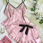 kf-Sb6e2883f338447e1b3dccea194afdd09S-Women-s-Smooth-Satin-Pajamas-V-Neck-T-Shirt-Ruffled-Edges-And-Bow-Shorts-Simple-And