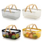 Y1UB Nordic Metal Mesh Fruit Basket Bin with Double Wooden Handle Kitchen Wrought Iron Rectangle Storage