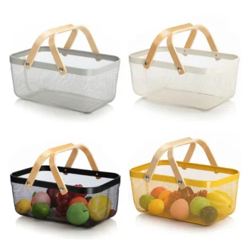 Y1UB Nordic Metal Mesh Fruit Basket Bin with Double Wooden Handle Kitchen Wrought Iron Rectangle Storage