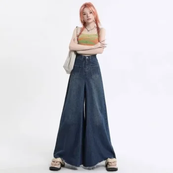 Sensible Wide-leg Jeans For Women New Summer High-waisted Slimming Loose-fit Draped Straight-leg Dragged Pants Skirt Trendy