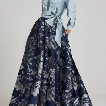 فستان طويل أنيق بطباعة زهور ، فساتين طويلة مرقعة ، ياقة مطوية ، أكمام طويلة ، جيب بعقدة فراشية ، حفلة ، زفاف ، مساء