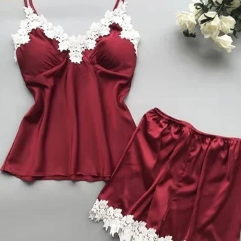 Women Sexy Lace Sleepwear Lace Lingerie Sleeveless V-Neck Babydoll Pajamas Set Lingerie Tops Shorts Set Casual Nightwear