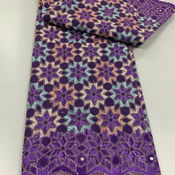 Purple Unique Dubai African Swiss Voile Lace Nigerian Cotton Dry Voile Lace With Stones For Sewing Women Evening Party Dress