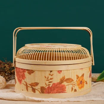 Handmade Woven Basket With Hollow Cover, 26x26x10cm Kitchen Bamboo Woven Tote Basket For New Year And Spring Festival