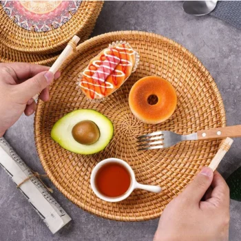 Round Rattan Tray Woven Bread Basket with Handles Small Cracker Tray for Serving Dinner Parties Coffee Table Kitchen Organizer