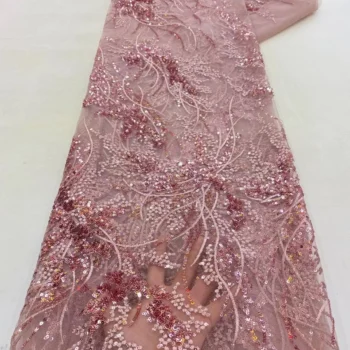 Luxury Pink 2023 High Quality French Tulle Net Sequins Lace Fabric African Lace Fabric 5 Yards For Nigeria Wedding Party Dress