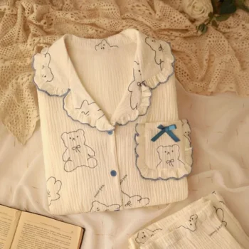 Women's Live Broadcast Pajamas Spring Autumn Long Sleeve Ruffled Trousers Cardigan Sweet Bubble Wrinkled Homewear 2-piece Set