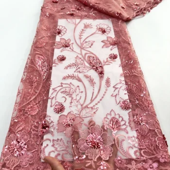 African Tulle Lace Fabric 5 Yards High Quality Nigerian Sequins Tulle Lace Fabric For Sew Wedding Dress Women Diy Cloth F3733