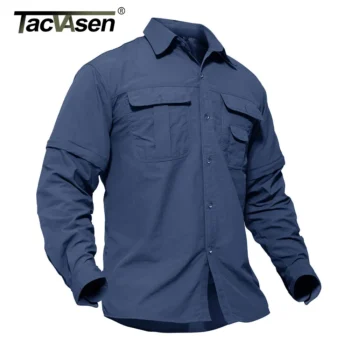 TACVASEN Summer Quick Dry Long Sleeve Cargo Work Shirts with Pockets Mens Safari Hiking Shirts Button Down Shirts Clothes Males