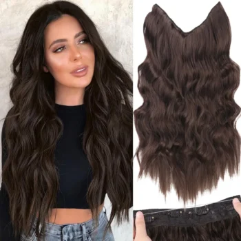Black Halo Hair Extensions with Invisible Wire Adjustable Size 22inch Long Synthetic Wavy Curly Hairpieces for Women No Clip