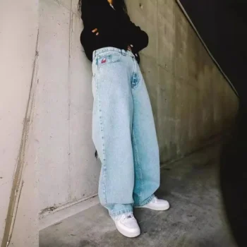 QWEEK Y2k Vintage Baggy Jeans Women Hip Hop Cartoon Graphic Embroidery Streetwear Pants Harajuku Oversize Straight Trousers Man