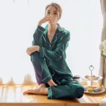 kf-S95f800aac364442eb6a480c3f52ad480a-Women-s-Sleepwear-Simple-Satin-Pajama-Set-Long-Sleeve-Buttons-Lapel-Top-With-Elastic-Pants-Loungewear