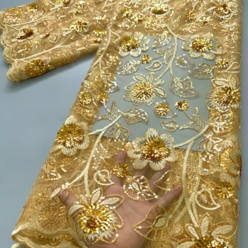 2024 High Quality French Mesh Lace Fabric Africa Nigerian Tulle Embroidered Lace with Sequins for Women Wedding Dresses TY3859