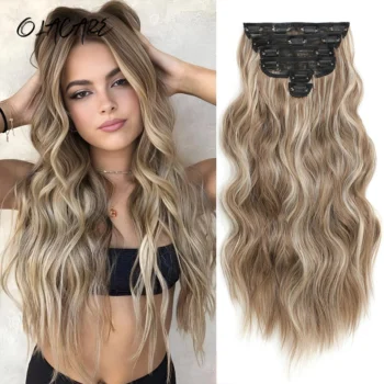 7Pcs/Set 30Inch Synthetic Hair Clip In Long Wavy Thick Hairpieces For Women Full Head Synthetic Hair Extensions Ombre Hairpieces