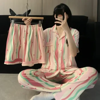 Tiktok Popular Multibar Women's Pajama Set Cardigan Lapel Imitation Cotton Three-piece Short Sleeve Skirt Homewear Women's Set