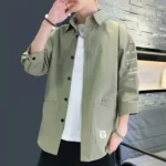Japanese Style Casual Jacket Men Short-sleeved Shirt Men's Japanese Style Casual Cargo Shirt Coat with Turn-down Collar Three