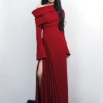 فستان أنيق برقبة مائلة للنساء ، أكمام طويلة ، مرقع بفتحة مبطنة ، فساتين سهرة ، صيف ، جديد ، من 13DB5142