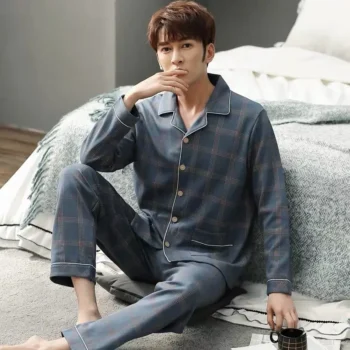 Men's 100% Cotton Long Sleeve Pajama Set Autumn Winter Outer Wear Cardigan Style Homewear New Style