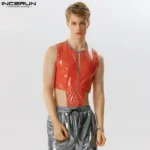 Men Bodysuits 2023 Shiny Zipper O-neck Sleeveless Sexy Solid Color Men Rompers Fitness Fashion Party Male Bodysuit S-5XL INCERUN
