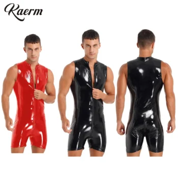 Men's Shiny Patent Leather Sleeveless Zip Up Bodysuit Exotic Costume Rave Party Clubwear for Pole Dancing Lingerie Jumpsuit