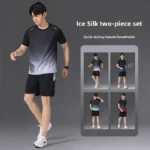 Men's Casual Ice Silk Running Short Sleeve Sports Suit Quick Dry Fitness Yoga Morning Jogging Wear