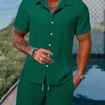 Spring And Summer New Sports Men's Polo Casual Solid Color Loose Short-sleeved Drawstring Shorts Cardigan Striped Sports Suit