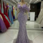 فساتين سهرة مزخرفة أرجواني طويل الأكمام لحورية البحر للنساء ، فساتين مطرزة بالخرز الكريستالية ، فساتين حفلات حفلات زفاف ليلية رسمية ،