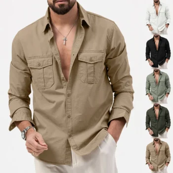 2024 summer Europe and the United States vintage cargo men's advanced multi-pocket solid color leisure sports long-sleeved shirt