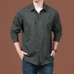 Multi-Pocket Cargo Work Shirts Men Fashion Solid Color Loose Long Sleeve Tops Climbing Clothes Camping Hiking Wearing