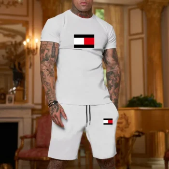 Summer T shirt Set For Men StripedPrint Men's T-shirt Short Sleeve+Shorts 2-Piece Set Oversized Casual Beach Sport Man Suit