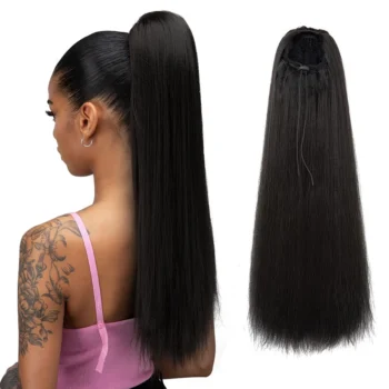 Women's drawstring ponytail extension, 24 inch YaKi straight ponytail extension, girls' synthetic hairstyle