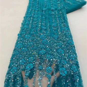 African Lace Fabric 2024 High Quality French 3D Flower Sequins Embroidery Beads Tulle Lace Fabric For Party Dress