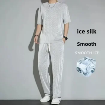 Men's Ice Silk Sports Suit Summer Thin New 2024 Casual Long Pants Short Sleeves T-shirt Quick Drying Set