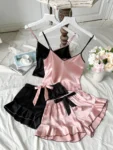 kf-Sb6e2883f338447e1b3dccea194afdd09S-Women-s-Smooth-Satin-Pajamas-V-Neck-T-Shirt-Ruffled-Edges-And-Bow-Shorts-Simple-And