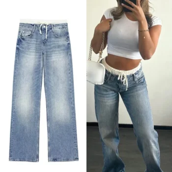 TRAFZA Women Fashion Patchwork Denim Pants Lace Up Zipper Fly Jeans Trousers Pockets Female Casual Mid Waist Straight Leg Pants