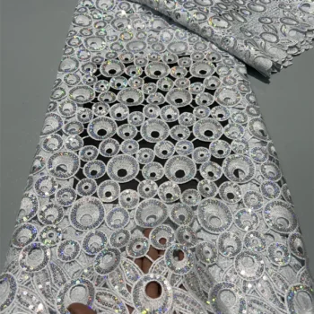 Kalume African Guipure Cord Lace Fabric With Sequins Nigerian Guipure Cord Lace Fabric High Quality For Wedding Party F3756