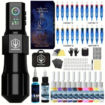  Tattoo Kit POSEIDON New Cool Tattoo Pen Kit For Permanent Makeup Tattoo Machine Kit Wireless Tattoo Power Supply Tattoo Gun Ki