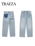 TRAFZA 2024 Fashion Women High Waist Blue Denim Trousers Patchwork Pants DistressedRipped Jeans Long Pants High Street Y2k Style