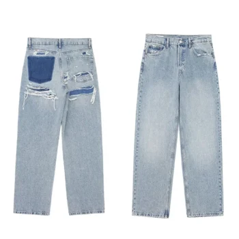 TRAFZA 2024 Fashion Women High Waist Blue Denim Trousers Patchwork Pants DistressedRipped Jeans Long Pants High Street Y2k Style