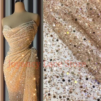 38 Colors Designer Lace Fabric Sequins Lace Beaded Pearl Fabric Crafts For Evening Dress Sewing Cloth By The Yard