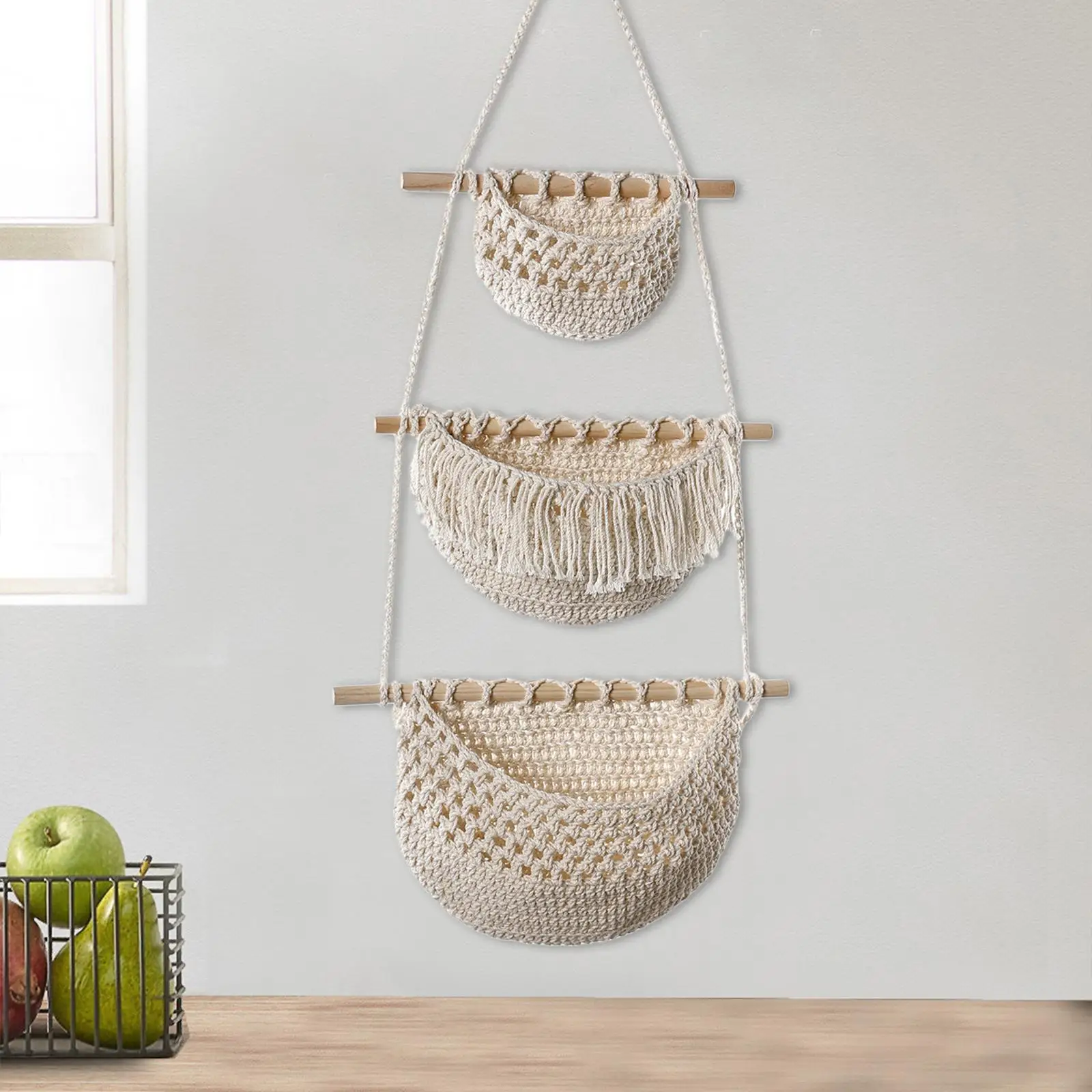 Hanging Fruit Baskets Multipurpose Boho Decor Handwoven Indoor Planter Holder for Organizing Onion Vegetables Potato Kitchen