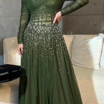 فساتين سهرة نسائية أنيقة خضراء ، أكمام طويلة ، فساتين حفلات موسيقية ، مطرزة بالترتر ، طول أرضية من التول ، فساتين حفلات رسمية